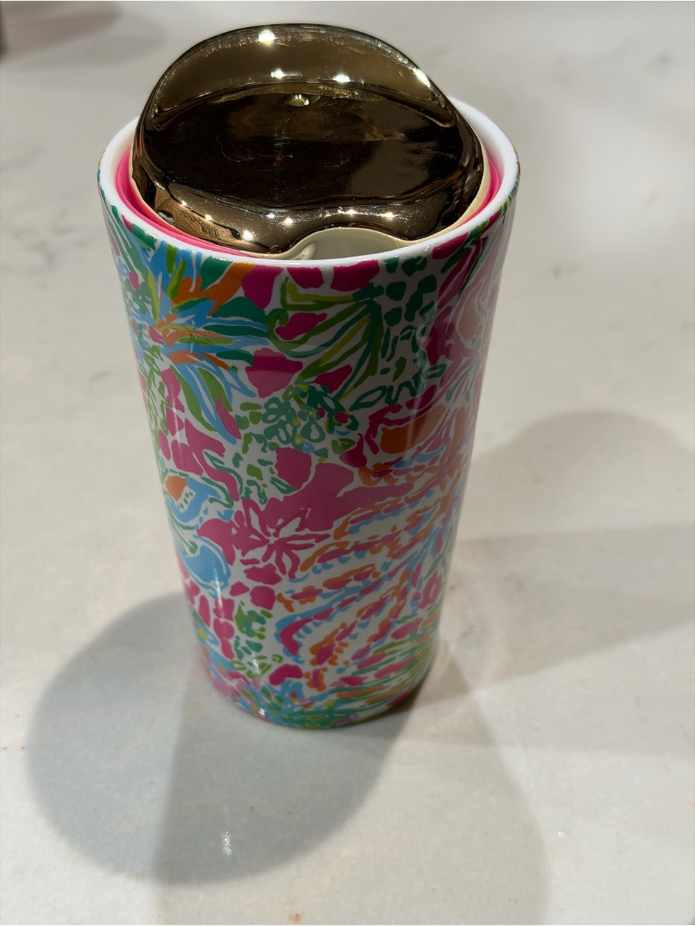 Lilly Pulitzer Pink Multicolor Floral Ceramic Tumbler with Gold Lid